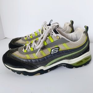 💚 Skechers Sport Sneakers Gray Lime Green Black Womens 6.5 Leather Athletic